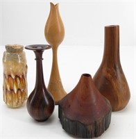 Mini Wood Bud Vases & Drip Swirl Art Glass Bottle