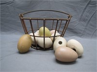 Antique Metal Egg Basket W/Ceramic Nest Eggs