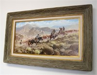 1981 Oil Painting Cowboys In Gunfight Russ Vickers