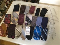 20 men's ties; 2 tie racks