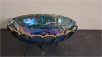 Large Blue Carnival Glass Bowl Grapes & Lives