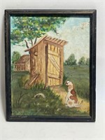 SMALL VINTAGE SIGNED OUTHOUSE PAINTING 10.5IN T X