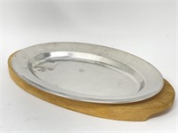 Vintage 16.5 Inch Wood & Stainless Serving Tray