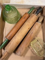 Vintage rolling pins and misc glass