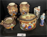 Handpainted Japanese Porcelain Biscuit Jar, Vases.