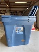 Three 18 gallon blue totes with lids
