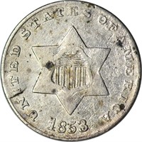 1853 SILVER THREE CENT - FINE, CLEANED