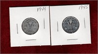 CANADA 1944 & 1945 VICTORY STEEL 5 CENT COINS