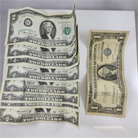 (8) 1976 $2 Bills & 1957 $1 Silver Certificate