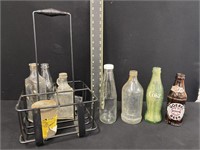 Group of Vintage Bottles & Metal Carrier