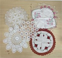 (5) Handmade Doilies and embroidered ones 15”-24”