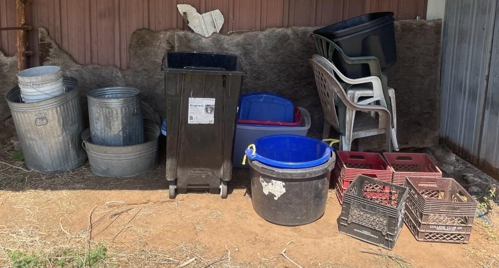 Trash Cans, Feed Buckets, Chairs, Crates