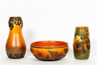 Three Danish Ipsen Pottery Pieces, 2 Vases 1 Bowl