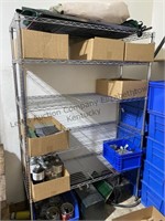 Metal storage shelf items on and about not