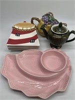 4- Lighthouse Trays, 2- Teapots, & Relish Platter