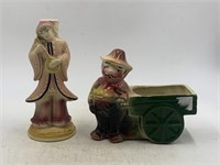 Vintage pottery man and cart  planter with asian