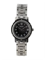 Hermes Clipper Gloss Black Dial SS Watch 24mm