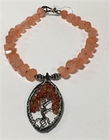 Coral, Stone & Rhinestone Pendant Necklace