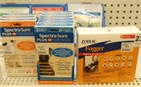 shelf lot of pet care supplies to include