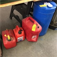 (3) PLASTIC GAS CONTAINERS; 15-GAL. WATER BARREL