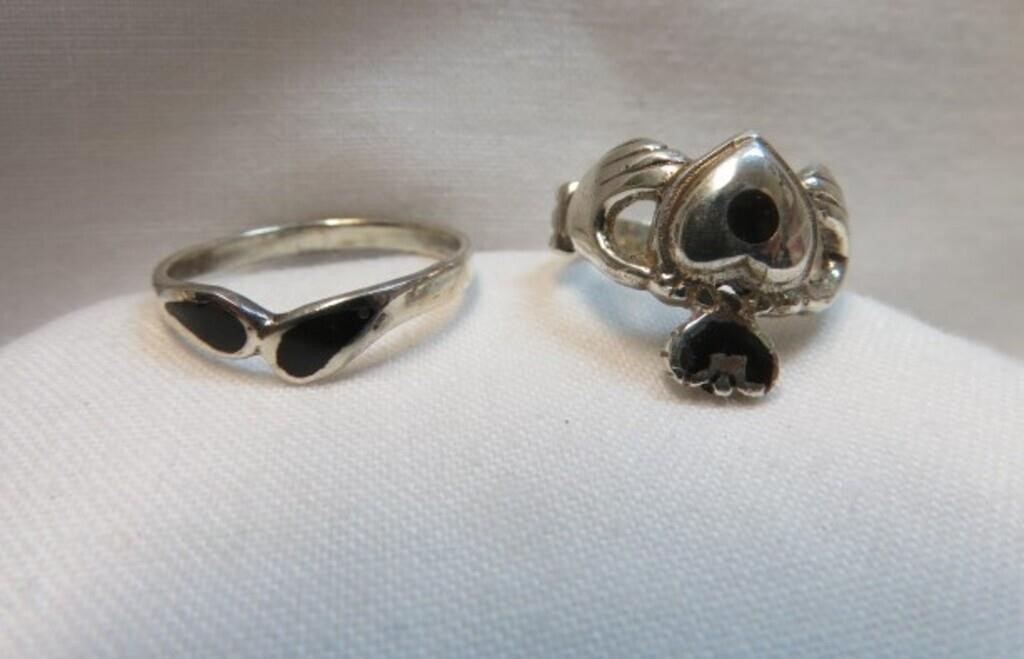 2 LADIES S/S BLACK ONYX RINGS SIZES 4 & 8