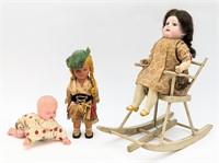 German Windup Doll In Chair, Celluloid Baby & Girl