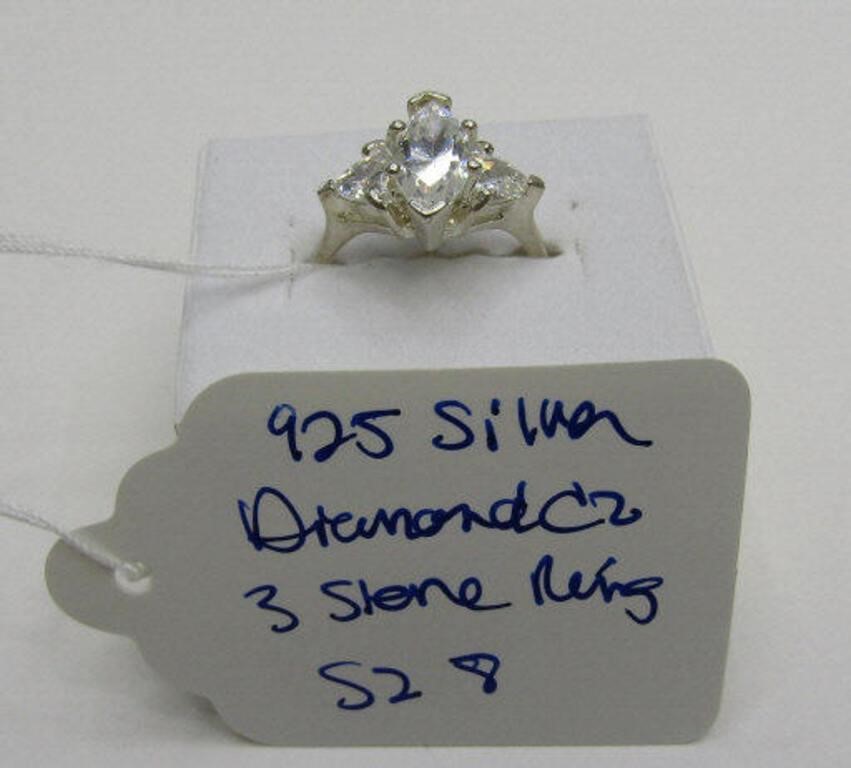 925 Silver CZ 3 Stone Ring SZ 8