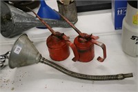2 OIL CANS AND FUNNEL WITH SCREEN