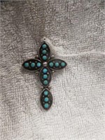 STERLING SILVER NAVAJO AND TURQUOISE CROSS 2 3/8"