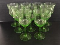 Nine Vaseline glass wine glasses