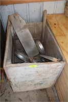 Vintage Wood Box w/old Hubcaps