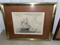 C. 1970 Mary Hann Signed Print of Schooner