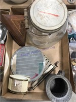 Coffee jar w/ handle, clock, 1/2 Qt. metal pitcher