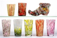 ASSORTED SPATTER GLASS JUICE TUMBLERS, LOT OF