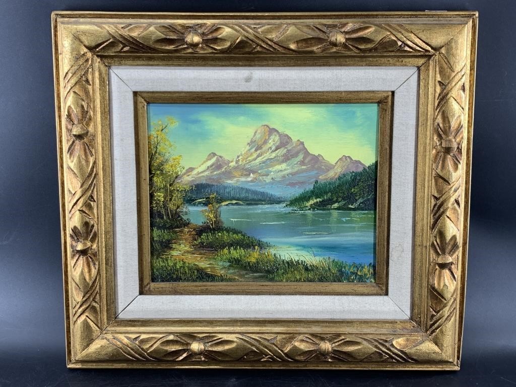 Stunning oil on canvas of a mountain scene, with b