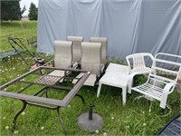 PATIO TABLE, CHAIRS, END TABLES, UMBRELLA STAND