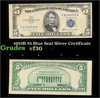 1953B $5 Blue Seal Silver Certificate Grades vf++