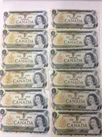 Can Lot Of 12 1973 $1 Banknotes