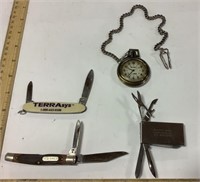 Remington pocket watch, multi tool money clip &