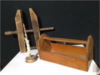 Vintage Primitive Wood Clamp,Tool Box & Loom