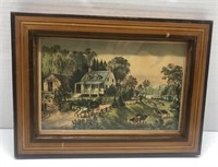 Courier and Ives framed picture of old farmhouse