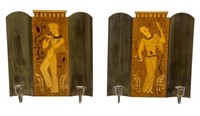 2)MJOLBY INTARSIA FIGURAL MARQUETRY CANDLE SCONCES