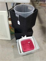 Poly baskets/organizers, metal garbage can and
