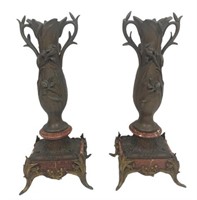 Pair Bronze Double Handled Urns