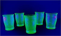 4 Vintage Green Uranium Glass Tumblers orange peel