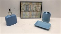 Baby Blue Ceramic Bath Set & Bathroom Sign
