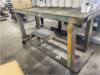 STEEL FRAME TABLE ON CASTERS, WOOD TOP