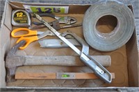 Claw hammer, level, duct tape & more