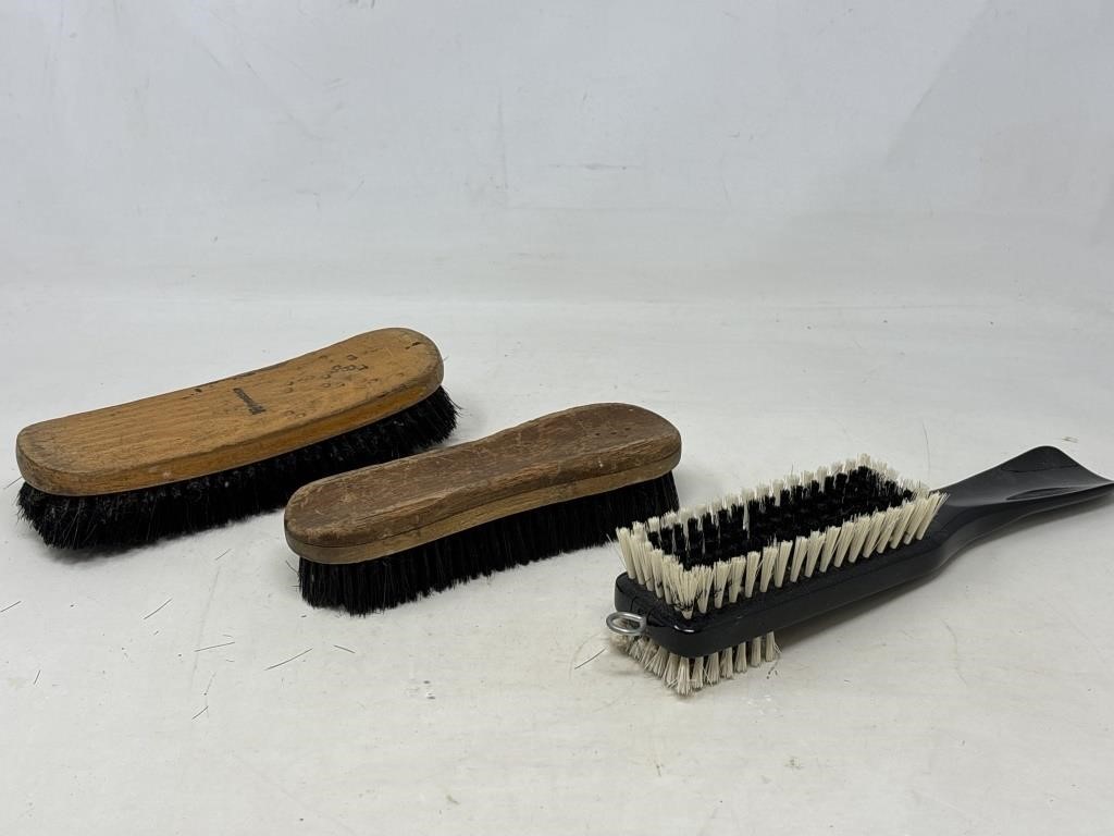 -2 wooden handle shoe shine brush, and one suit