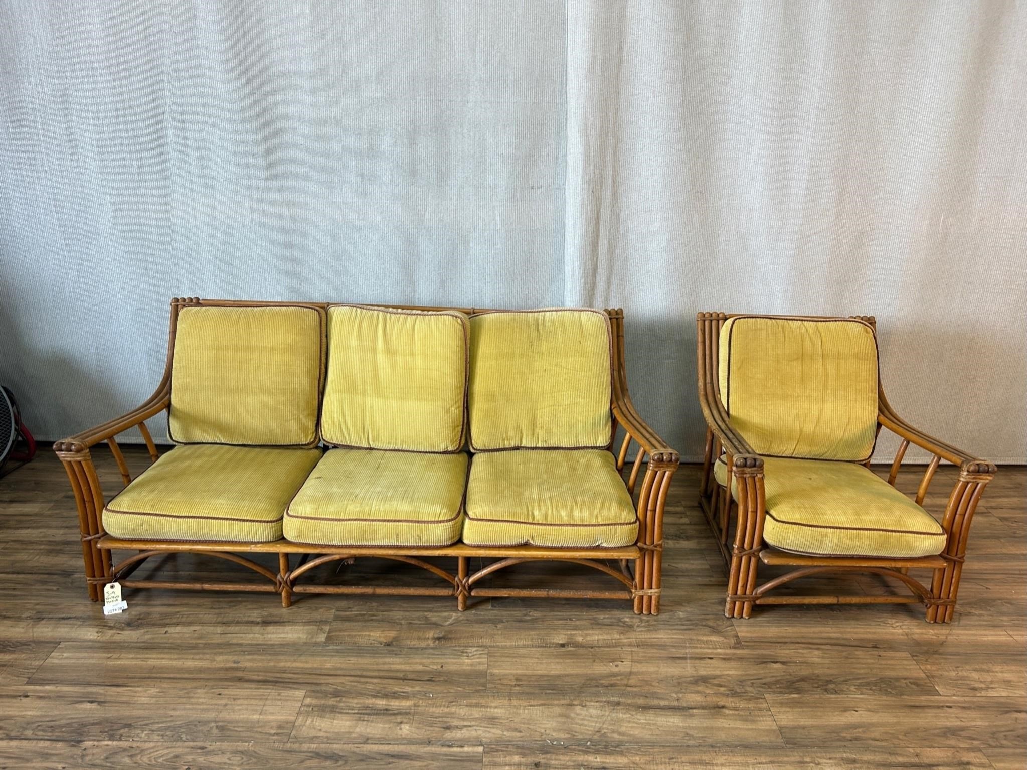 Mid Century Rattan Sofa & Accent Chair w/Cushions